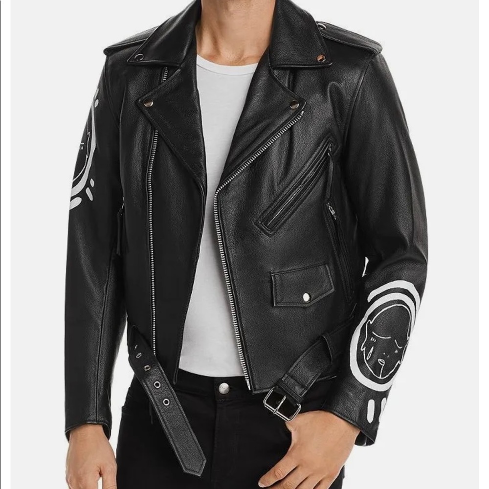 Patrick Church BLACK All Over You Hand-Painted Leather Moto Jacket, US Small